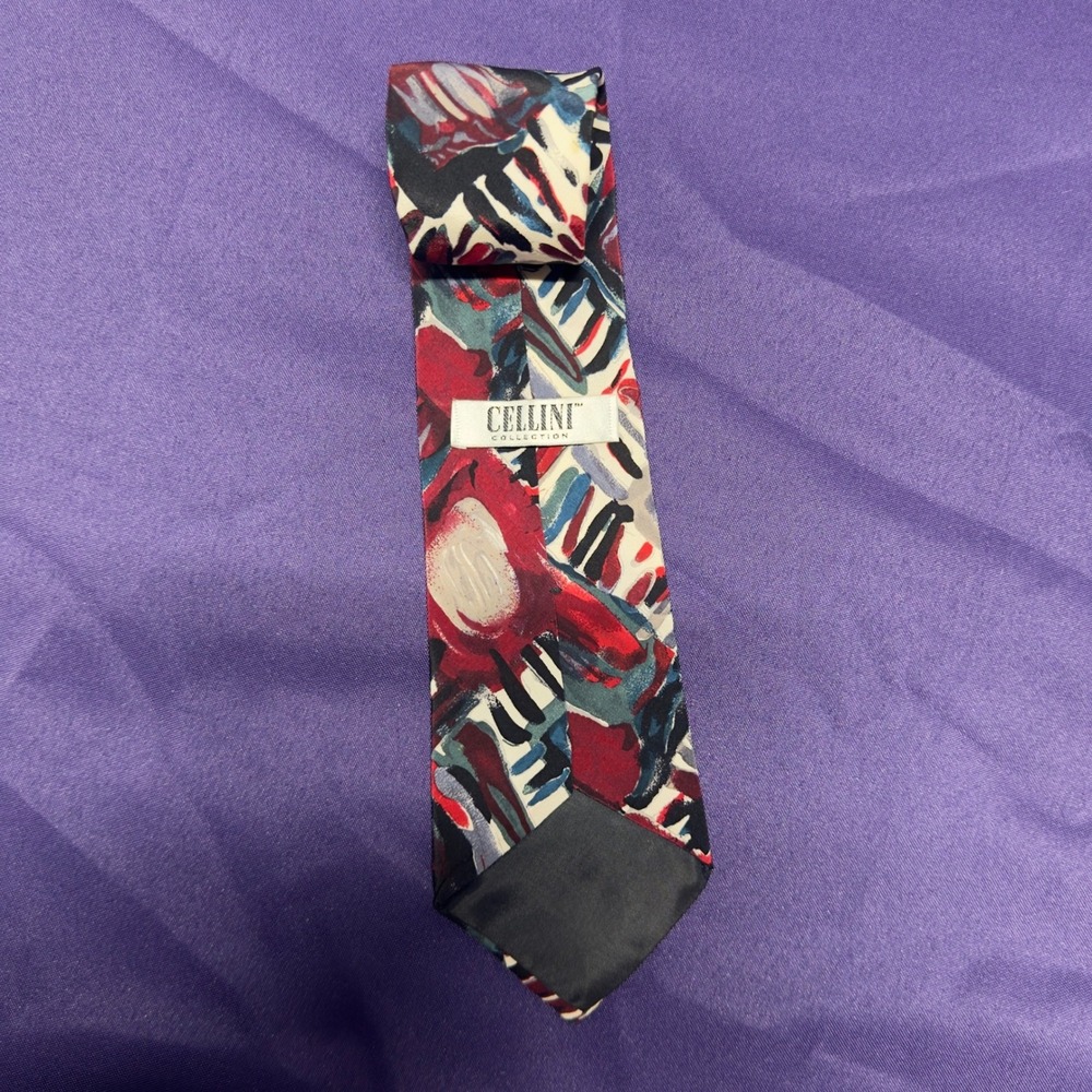 Cellini Collection Men's Silk Tie Abstract Floral Red Blue Black‎ White Neckwear - Picture 2 of 5